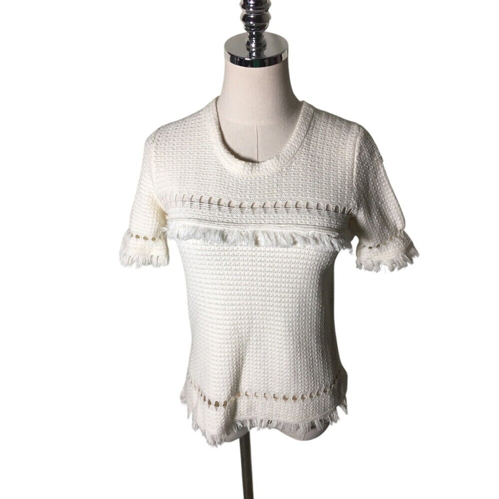 J Crew Top Women's Size XS White Short Sleeve 100% Cotton Sweater Raw Hem Fringe